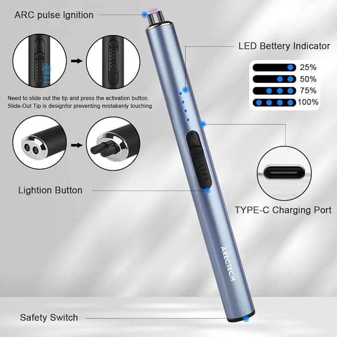 ARECTECH Electric Candle Rechargeable Lighter Arc Plasma Lighters for Candle Kitchen Camping Christmas Type-C Blue