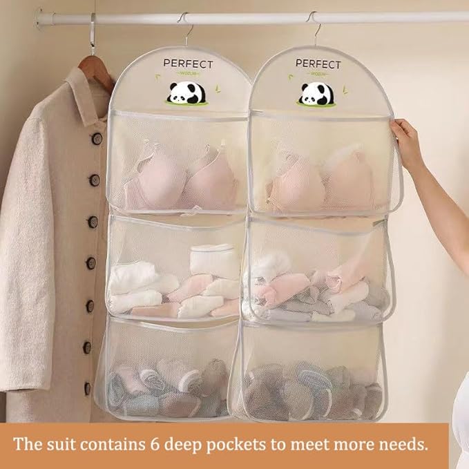 MIUPOO Multi Purpose Multi Layer Mesh Storage Hanging Bag,Hanging Storage with Metal Hanger Mesh Pockets for Bra Underwear Socks,Pockets Hang Store Bag for Door Wall Closet
