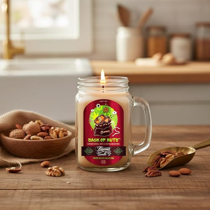 Sack of Nuts Candle – Odor Eliminating, Strong Scent – Roasted Mixed Nuts – Long Lasting 90 Hour Burn – Large 12oz Mason Jar – Made in USA – Beamer Candle Co.