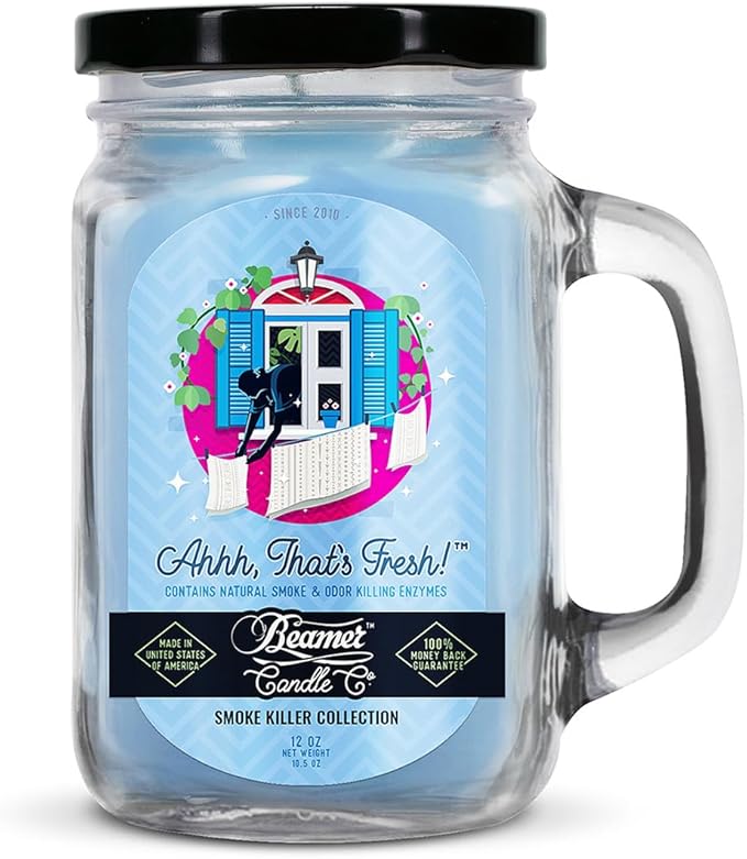Ahhh, That’s Fresh Candle – Strong Scent – Fresh Linen & Clean Cotton – Long Lasting 90 Hour Burn – Large 12oz Mason Jar – Made in USA – Beamer Candle Co.