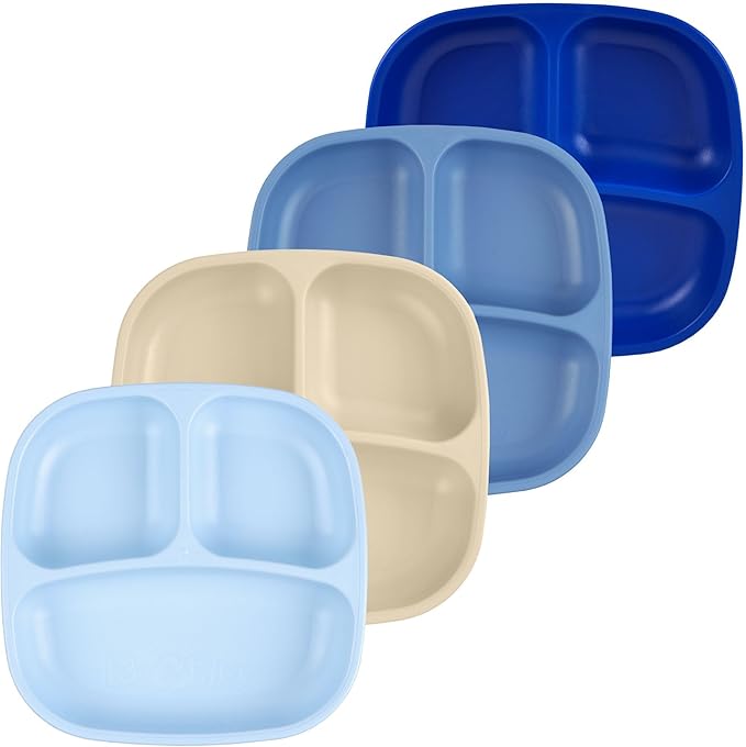 Re-Play Toddler Plates with Dividers - Deep-Walled 3 Compartments Divided Plates for Kids - Dishwasher & Microwave Safe - Made in USA - Set of 4-7.37" x 7.37" x 1.25" - Cool Blues