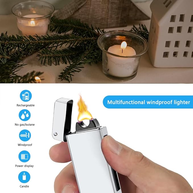 Plasma Lighter Rechargeable, Windproof USB Lighters Arc Cool Lighter with Projection Stone, Visual Battery Auto-Off, Vintage Custom Lighters Design for Outdoor Camping Candle Gift（Silver）