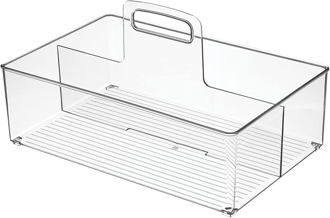 mDesign Large Plastic Divided Portable Storage Organizer Caddy Tote Basket Bin with Handle for Kitchen, Pantry, Countertop, Cabinet, Cupboard - Ligne Collection - Clear