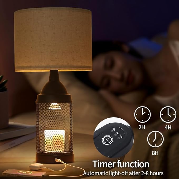 Electric Candle Warmer Lamp Dlack,24H Cycle Timer, Dimmable, Dual Charging Port, Wax Melt Warmer with 2 Bulbs,Country Lamps for Bedroom Nightstand with USB&Type-C Ports, Gifts Christmas Birthday