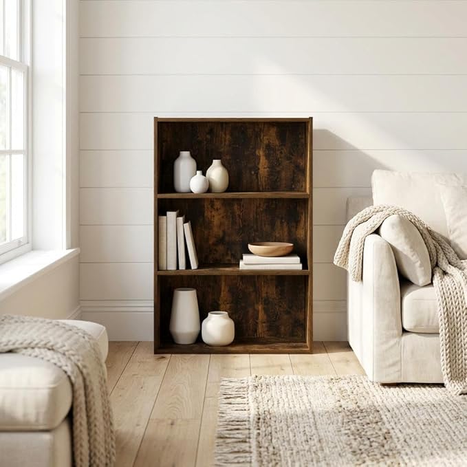 Furnifact Amber Pine Open Shelf Bookcase, 3-Tier Wooden Storage, Durable Wood, Living Room, Office, Bedroom Storage