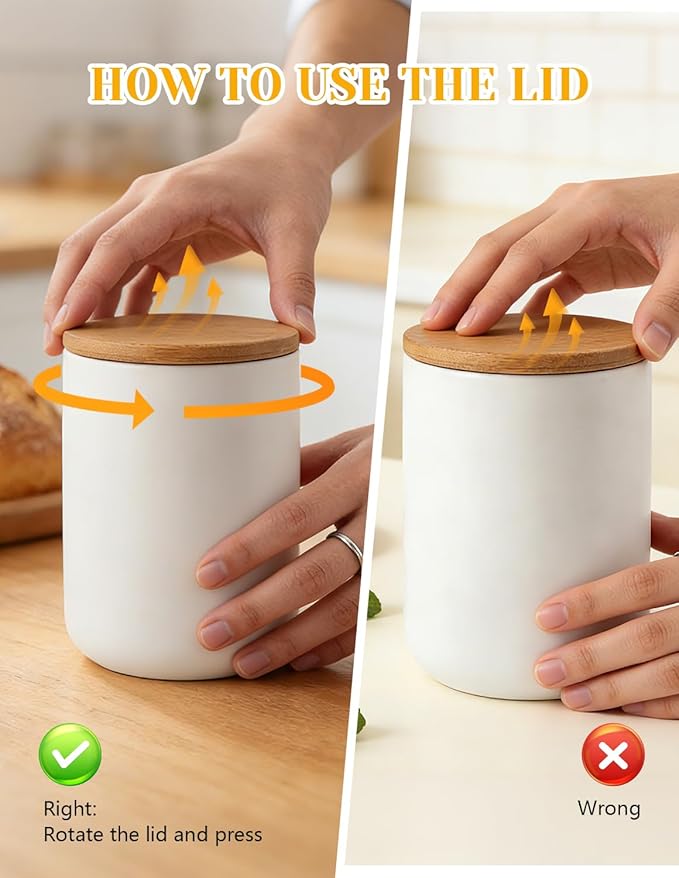 Ceramics Food Storage Jar Canister with Airtight Seal Bamboo Lid, Simple Style Kitchen Canister for Food Storage, Store Coffee, Sugar, Tea, Spices and More (White (27.05oz/800ml))
