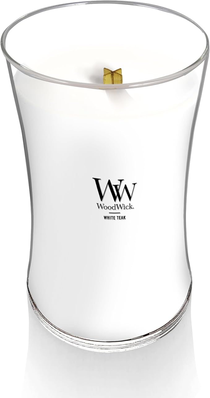 WoodWick Large Hourglass Candle in White Teak Premium Soy Blend Wax with Crackling Pluswick Innovation Wood Wick