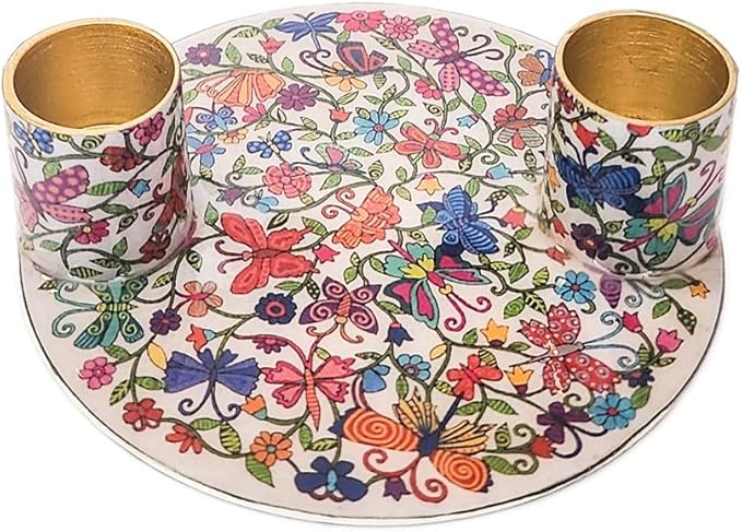 Yair Emanuel Flat Plate Candle Holders for Shabbat 4 Inch Vibrant Pattern Design Modern Judaica Gift (CSE-4 Butterflies)