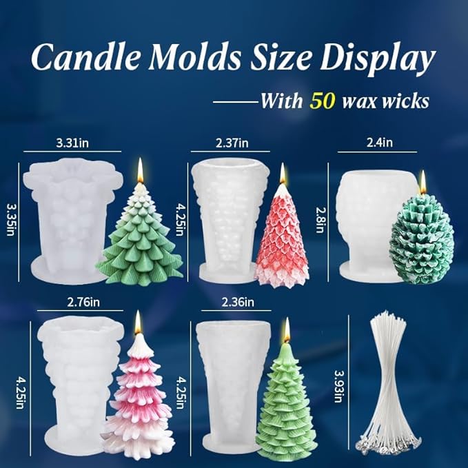 MGLIFEUL 5 PCS 3D Christmas Tree Pine Cone Silicone Candle Soap Epoxy Resin Wax Mold Silicone Shapes Christmas Tree Mold For Candle Resin Soap Craft Cake Chocolate Making Kit Christmas Gift Decoration