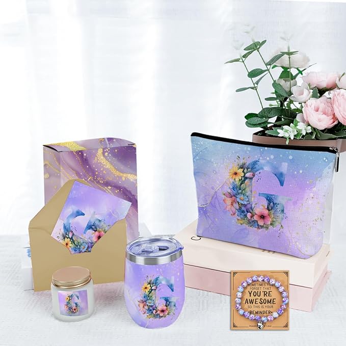 Personalized Gifts Monogrammed Birthday Gifts for Women, Her Employee Housewarming Christmas Initial Wine Tumbler Makeup Bag Scented Candle Bracelet Set, (Aesthetic Purple Flower G)