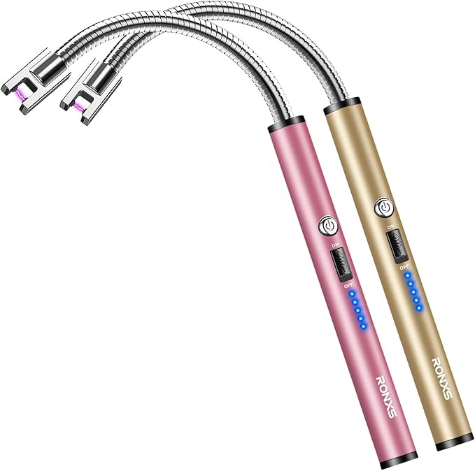RONXS Lighter Electric Lighter Rechargeable Arc Type C Candle Lighters with LED Battery Display, Flexible Neck Windproof Flameless Plasma Long Lighters for Candle BBQ Camping (Pink&Gold)