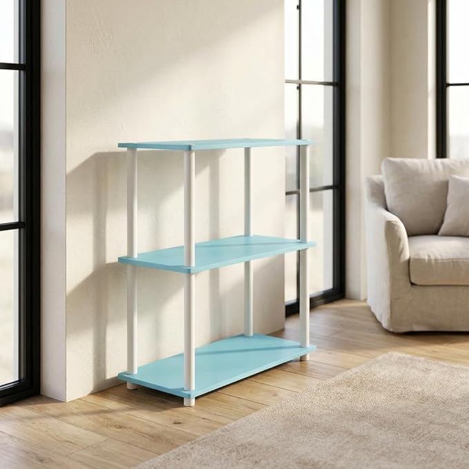 Furnifact Light Blue White Bookcase with Wooden Shelves, Elegant Storage Solution, Sturdy Construction for Living Room, Office, and Bedroom