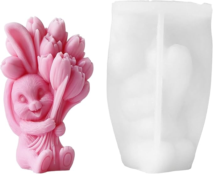 Rabbit with Tulip Silicone Candle Mold, 3D Flower Animal Shape Mold for Candle Making, Wax Resin Soap Casting Mold