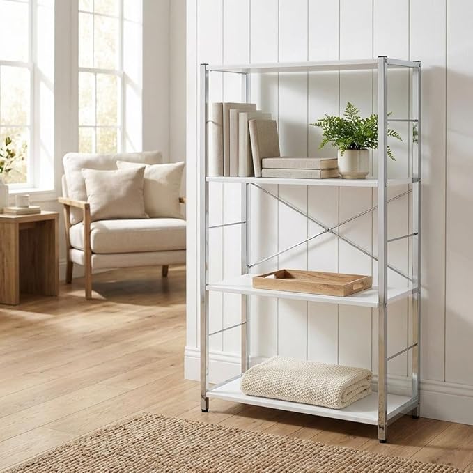 Furnifact White and Chrome Finish Bookshelf with Sturdy Design, Modern Style, Durable Construction, Ideal for Home and Office Storage