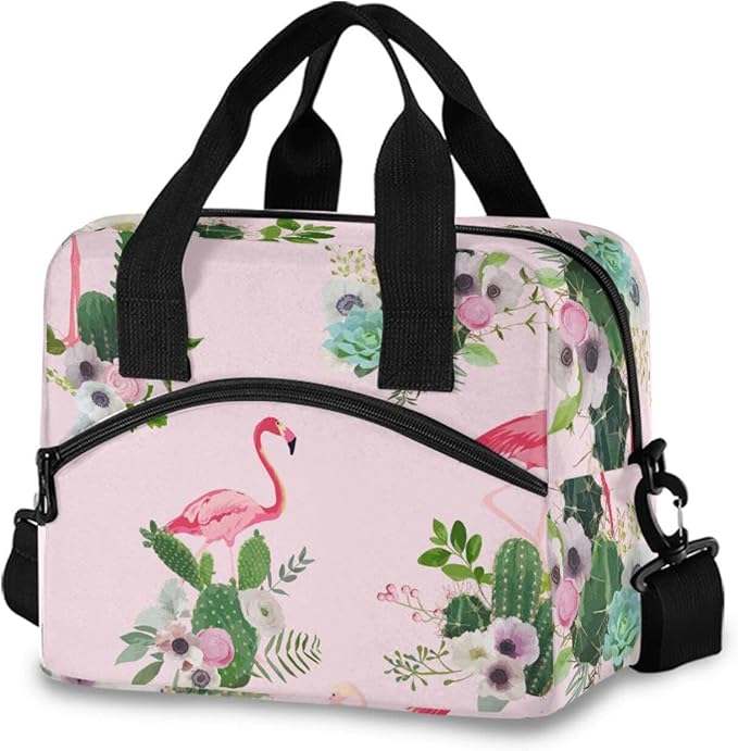 CBBYY Flamingo and Cactus Flowers Lunch Bags for Women Men, Reusable Insulated Lunch Box, Adjustable Shoulder Straps Tote Lunch Bag for Work Picnic School