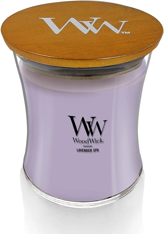 WoodWick Lavender Spa Gifts for Women and Men, 9.7 oz Medium Hourglass Candle with Crackling Wick