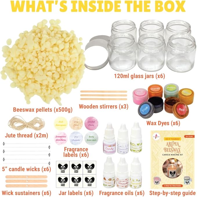 Kalakaram Aroma Beeswax Candle Making Kit, Pure & Natural Beeswax, 6 Decorative Jars, 6 Exotic Scents, Colors & More - Perfect for Home Decor & DIY Gifts - Beginner-Friendly Scented Candles Craft Kit