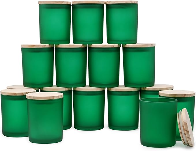 SHOWIN Thick Candle Jars for Making Candles 16 Pcs, 7 OZ Empty Jars with Wood Lids for Candle Making, Sample Container, Frosted Green