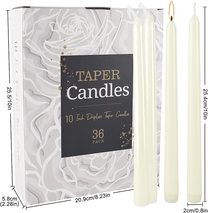 36 Pack Ivory 10-Inch Taper Candles - Premium Dripless, Smokeless & Unscented for Wedding Decor, Romantic Dinner, Party & Home - Long Burning Hand-Poured Tall Candles with Clean Finish