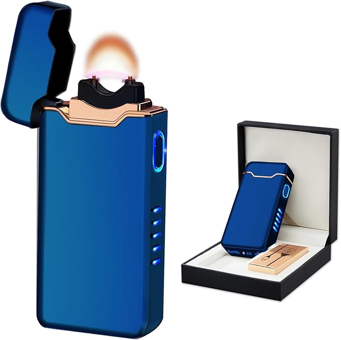 BABOBIU Windproof Lighters Rechargeable Electric Lighters Plasma Lighter with LED Light Power Display Cool Lighter for Fire BBQ Candle Indoors Outdoors (Blue)