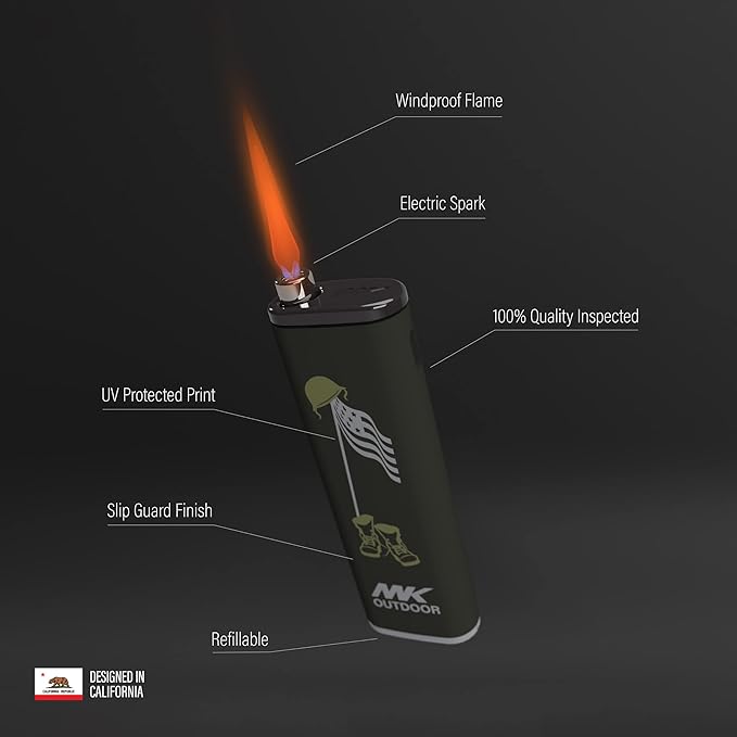 MK Lighter Outdoor Series Alpine Set 5-Pack Assorted Design Multipurpose Refillable, Windproof Flame, Slip Guard Candle & BBQ, Prepping & Camping Supplies, Survival Lighters (Freedom)