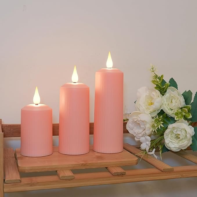 yunsheng Rechargeable Flameless Candles with Remote Timer, in/Outdoor Waterproof LED Flickering Pillar Candles Set of 6 (D2 x H4/5.5/6.5"), Battery Operated Pink Plastic Roman Column Candles