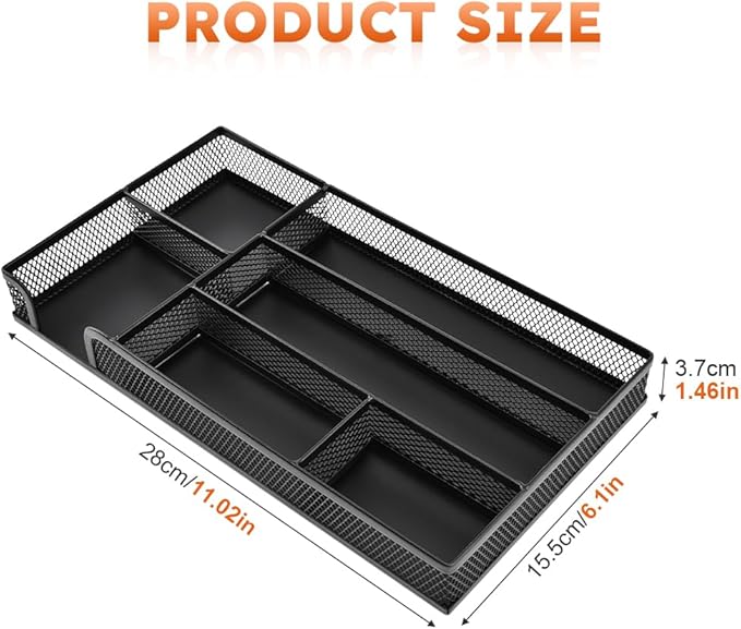 Desk Drawer Organizer Tray,11.02 x 6.1 x 1.46inch 6 Compartments Metal Mesh Dividers,Desk Organizers Storage Tray for Pens Organizer,for Desk Drawer Tray Box Accessories