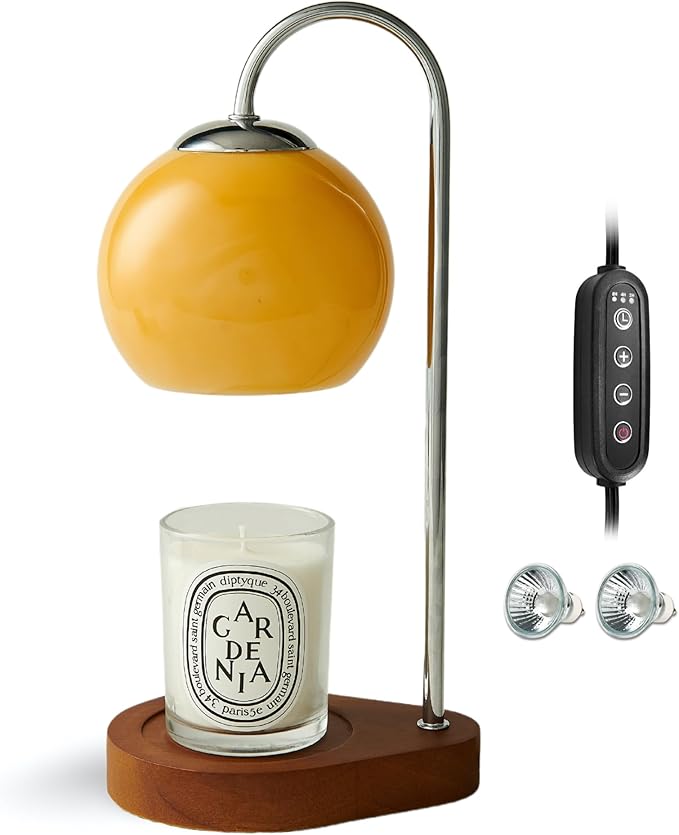 Modern Candle Warmer Lamp with Timer and Dimmer, Dimmable Electric Candle Lamp Warmer, Wax Melt Warmer, Glass with Wood Base, Home Decor Gifts 2 Bulbs Included (Brown and Stained Wood Base)