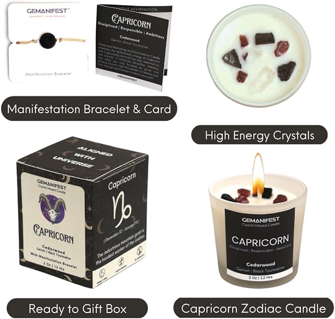 Capricorn Zodiac Candle Astrology Gifts for Women and Men with Capricorn Bracelet Cedarwood Candle with Healing Crystals Birthday Birthstone Manifestation Gifts