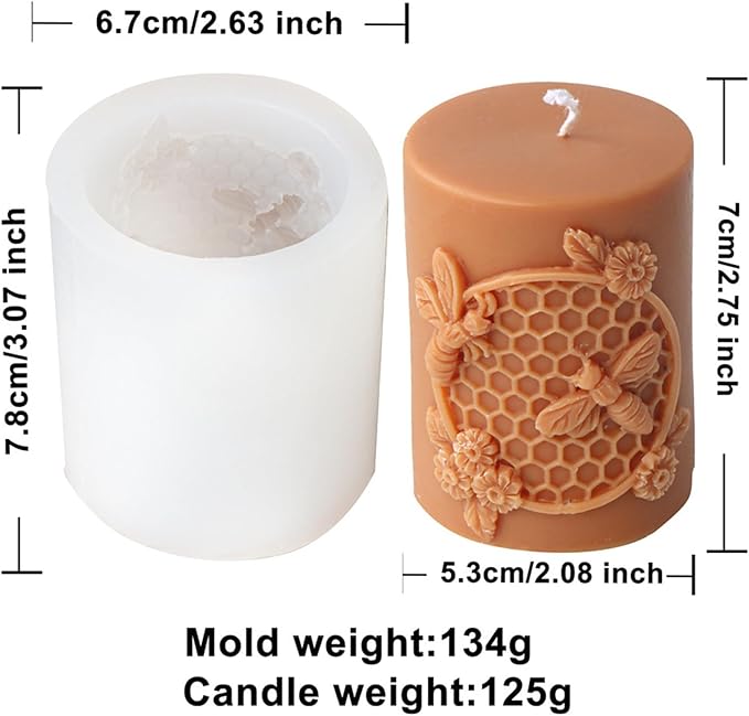 Bee Honeycomb Flower Cylinder Candle Mold, Honeybee Beehive Pillar Silicone Mold for Beeswax Candle, Soy Wax Candle, Plaster Ornament, DIY Crafts (E)