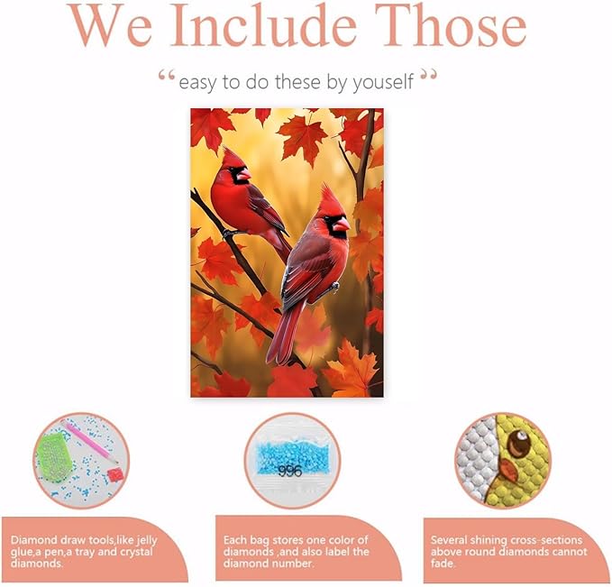 GUAIEUW DIY Diamond Painting Kit - Season Theme, 5D Full Round Diamond Autumn Red Birds Diamond Painting Art for Beginners, Room Wall Decor, Personalised Gift for Lover 8x12 Inch