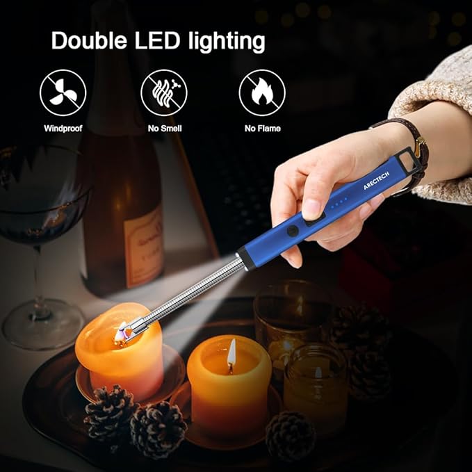 ARECTECH Candle Electric Lighter Rechargeable USB Arc Lighters for Candle Camping Fireworks Christmas Birthday Gifts with LED Light for Men Women Blue