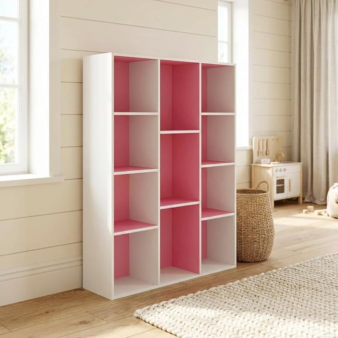 Furnifact White Pink 11-Cube Reversible Open Shelf Bookcase, Multi-Functional Storage Solution, Durable Wood Construction, Modern Design