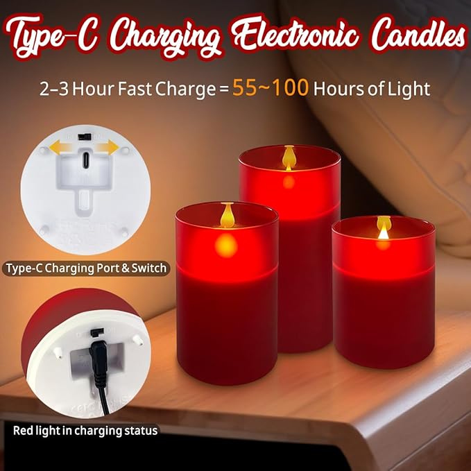 Rechargeable Flameless Candle, Flickering LED Pillar Glass Fake Candle with Remote and Timer, Built-in Battery Real Wax Electronic Candle for Room Decoration, Set of 3