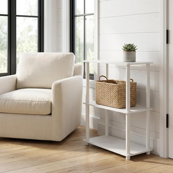 Furnifact White Tri-Tier Multipurpose Display Rack, Shelving Unit, Versatile Bookcase, Durable Wooden Construction, Modern Compact Design