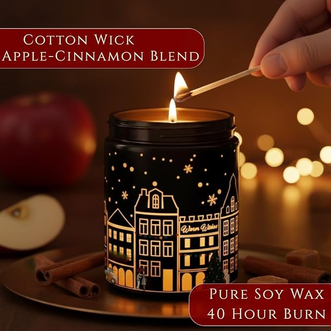 Apple & Cinnamon Scented Candle – Dual Light Glow Jar Candle (Real Flame + Heat Activated LED), Soy Wax Blend Aromatherapy Candle, 40-Hour Burn, Candle for Bedroom, Bathroom & Home Gift, 7oz