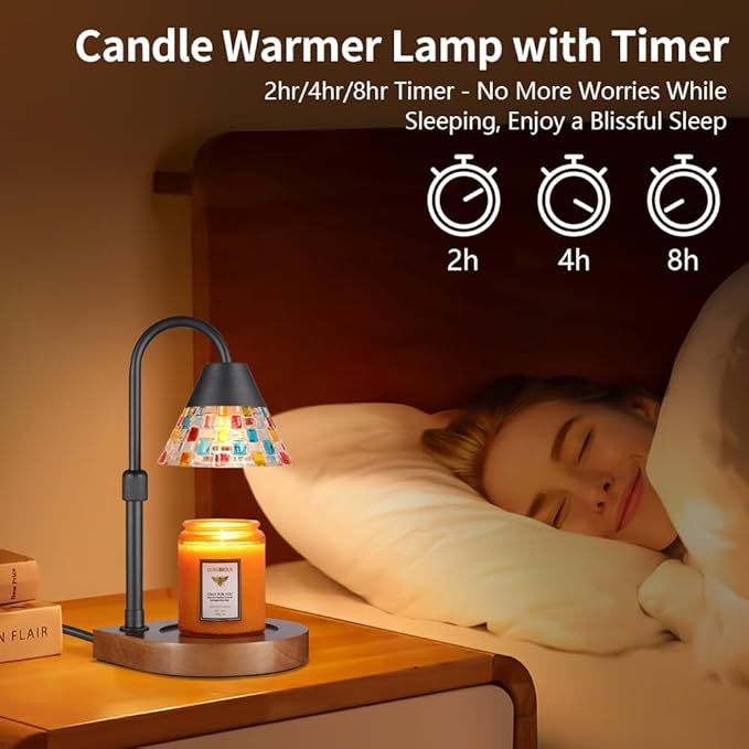 Dimmable Candle Warmer Lamp with Timer, Electric Wax Melt Warmer for Scented Jar Candles Adjustable Height Mothers Day Birthday Gifts for Women Mom Grandma, Home Offices Decor Light(Mixed color Glass)