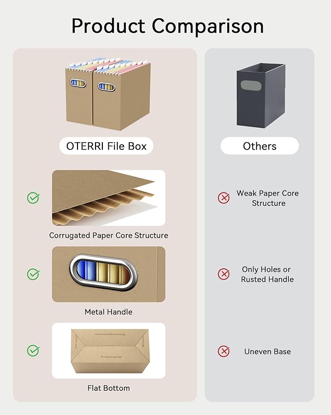 Oterri File Organizer Box, Portable Collapsible Cardboard File Folder Organizer with Handle for Letter Size Hanging Files, Document Storage Box for Home Office & Classroom (2 Packs, Brown)