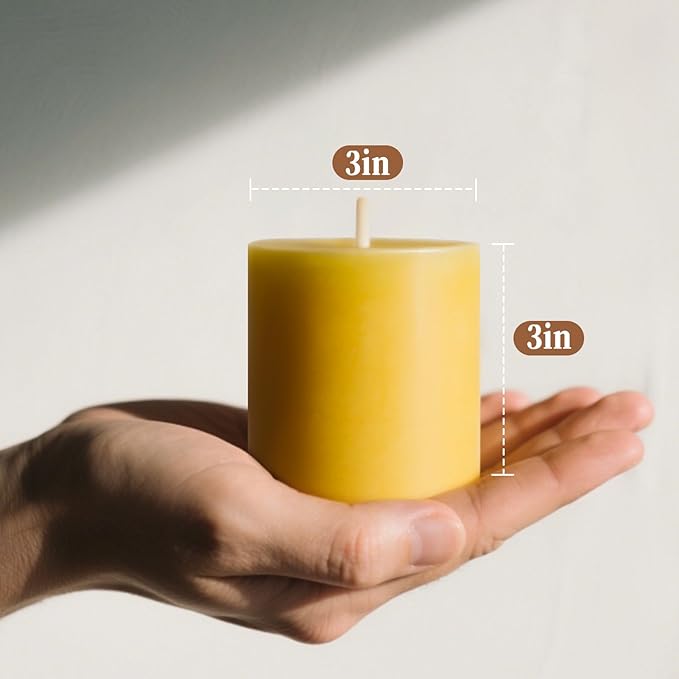 3 Pack Beeswax Candles - 3x3inchs Emergency Candles, Beeswax Pillar Candles 150 Hours Long Burning, Organic Unscented Dripless Smokeless Bees Wax Candle Bulk for Home Paryer Party (3x3in)