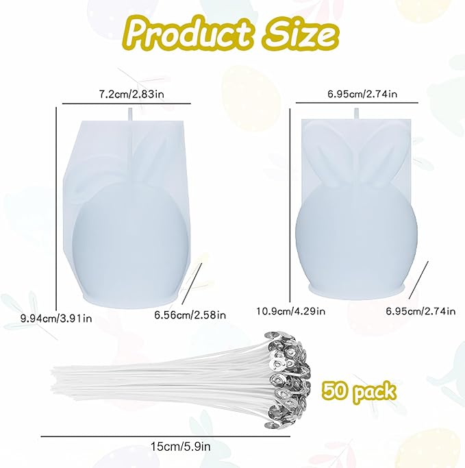 52Pack Easter Silicone Candle Molds Set, Including 50 Candle Wicks and 2 Bunny Mold for Soap Making, Handmade Egg Rabbit Art Craft Gift and Easter Home Decor