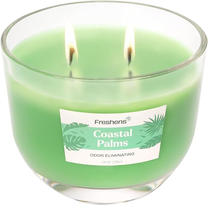 Carolina Freshens Coastal Palms Odor Eliminating Highly Fragranced Candle for Home Scented, Eliminates 90% of Pet, Smoke, Food and Other Smells Quickly, 2 Wick, 14 oz - Made in The USA