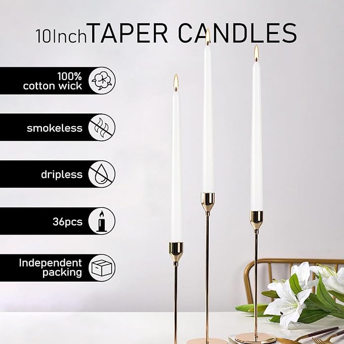 36 Pack White Taper Candles 10 Inch - Premium Unscented Dripless & Smokeless Long-Burning Candles for Wedding Decor, Fine Dining, Candelabras, Romantic Dinner, and Elegant Home Decor