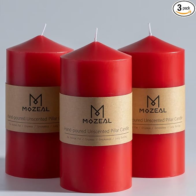 MOZEAL 3" x 6" Hand-Poured Unscented Red Pillar Candles,Dripless Candles Set of 3,Long Lasting Burning,Approx 100 Hours Burn Time for Wedding,Dinner,Christmas and Home Decor