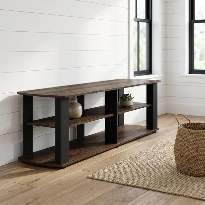 Furnifact Walnut and Black TV Stand, Entertainment Center with Spacious Surface, Multiple compartments for Electronics and Accessories