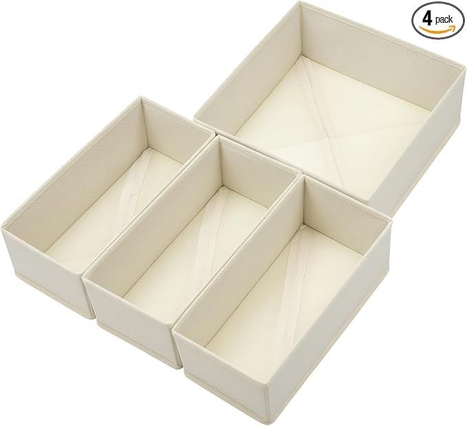 Drawer Organizer Set of 4 Beige - Fabric Storage Bins for Clothes, Underwear, Socks & Bras - 11" Dresser Dividers for Bedroom Closet