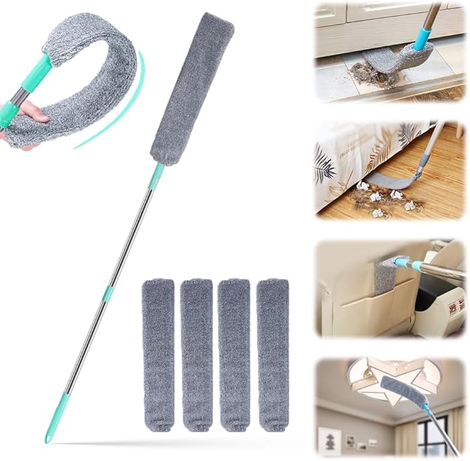 Retractable Gap Dust Cleaner with 4 Reusable Dusting Cloths, Wet & Dry Sweeper Stick Dusters, Bendable Flexible Duster with Extension Pole for Gap Cleaning Under Appliances Furniture (Regular)