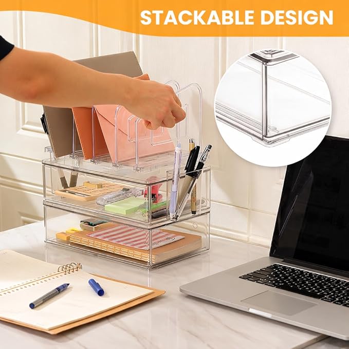 LALOBLUE Acrylic Desk Organizer with Drawer, Office Supplies,Organization Storage, 2 PC Drawer Organizer with 4 File Sorter, Desk Organizers and Accessories, Clear Acrylic File Organizer