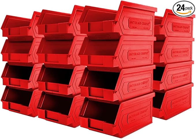 24 Pack Small Storage Bin, Wall Mount Storage, Hanging and Stacking Bin, Freestanding | 7” x 4” x 3” Plastic Container | Red | Zeus 1PLZ03 | StorageCompat