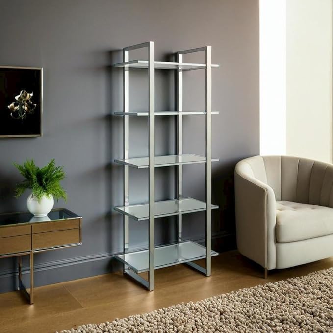 Contemporary Five-Tier Bookcase with Clear Glass Shelves in Polished Chrome by FurniFact
