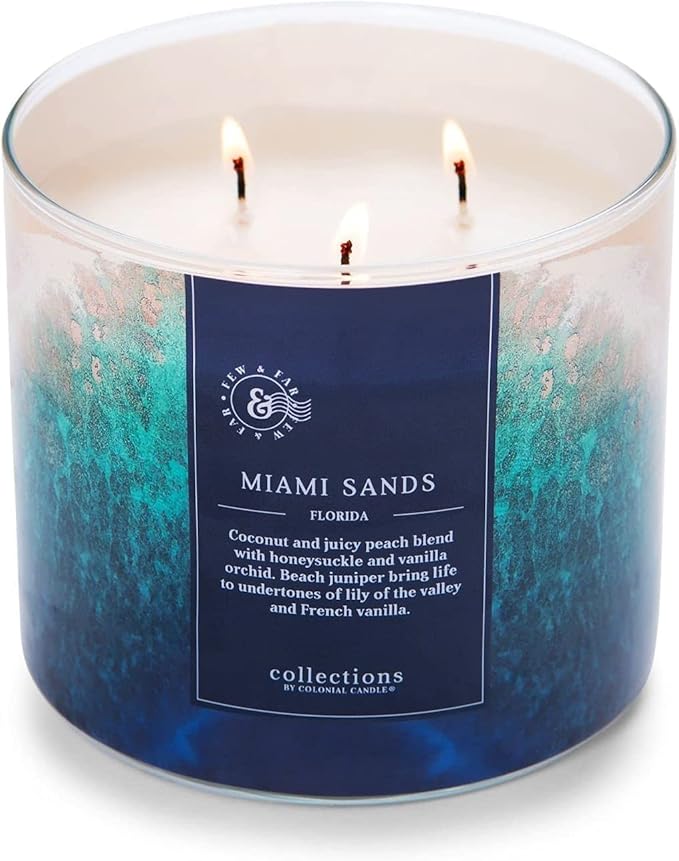 Colonial Candle Miami Sands Scented Jar Candle, Travel Collection, 3 Wick, Blue, 14.5 oz - Up to 60 Hours Burn